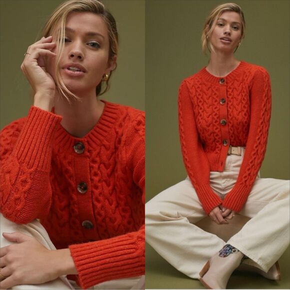 Anthropologie Maeve Cable Knit Cardigan Size Small Classic Timeless Red/Orange - Picture 1 of 6